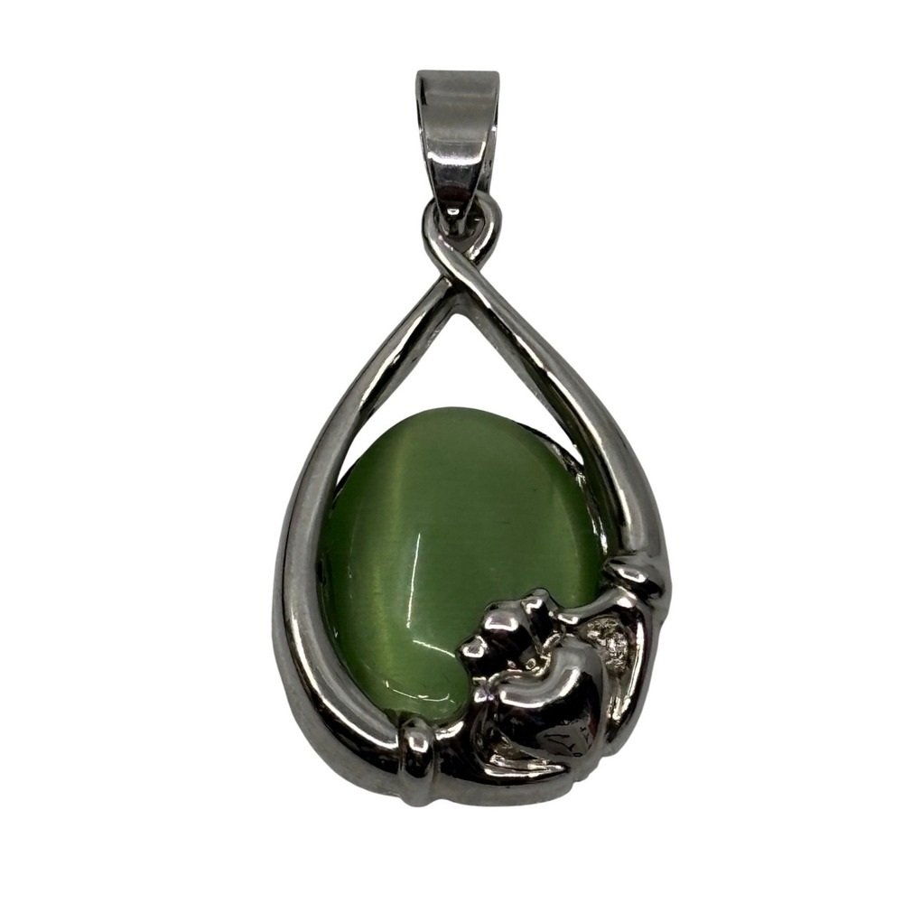 Solvar Irish Claddagh Teardrop Pendant Green Cats Eye Silver Tone Celtic Jewelry